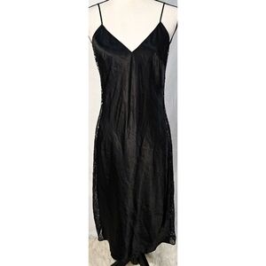 Victoria's Secret Black Satin Slip Midi Silver Metallic Lace Lingerie Dress